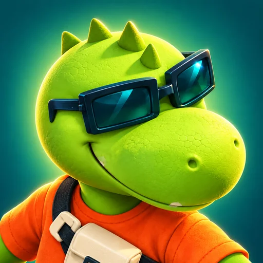 The Lip Pillow Run lizard in sunglasses and an orange shirt against a bright classic background.