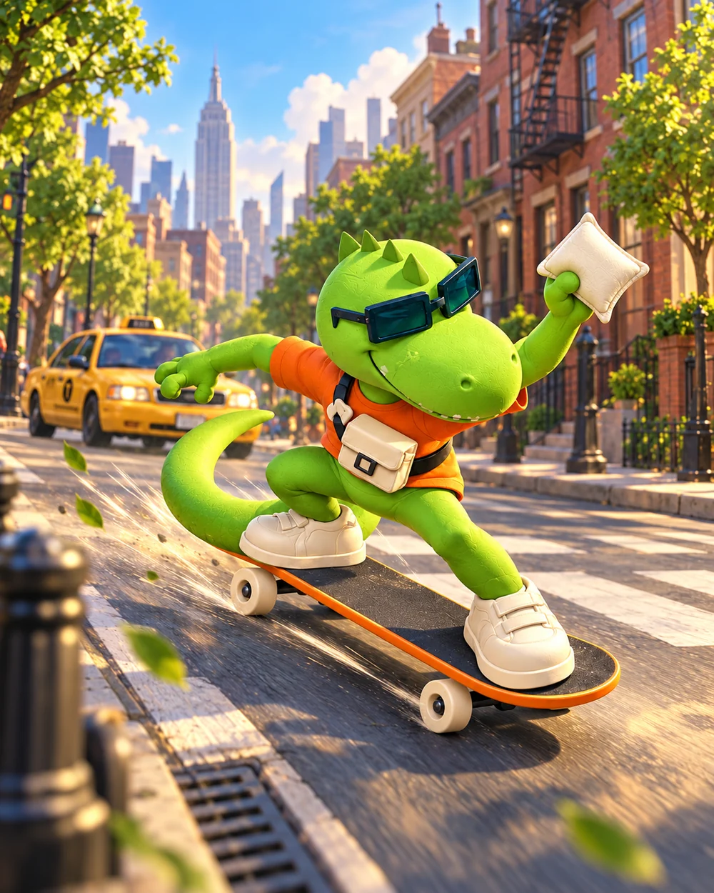 Promotional illustration of the lizard mid-delivery among New York streets and yellow taxis.